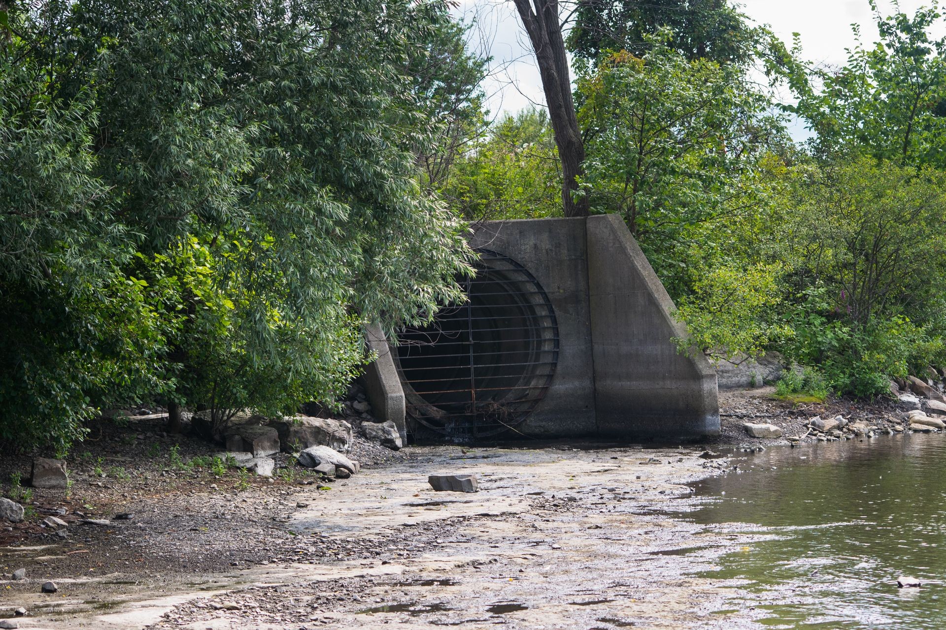 Sewage drain emptying into the Ottawa River, covered by a grate